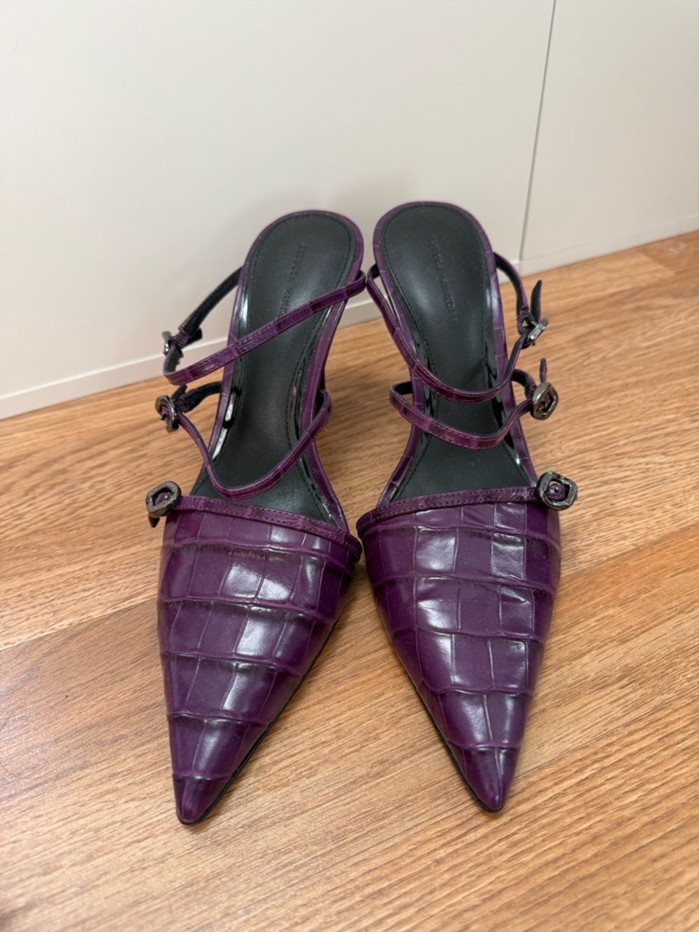 Rebecca Minkoff Deep Purple Croc-Embossed Pointed Slingback Heels